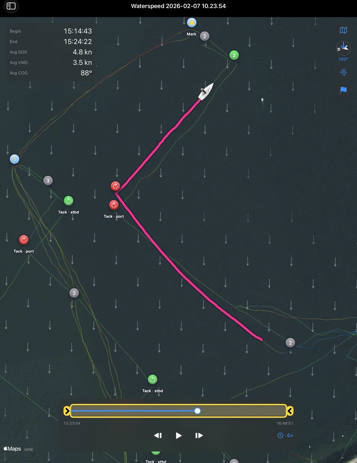 A stretch of the track highlighted in pink, with its average SOG, VMG and COG shown for the selected segment.