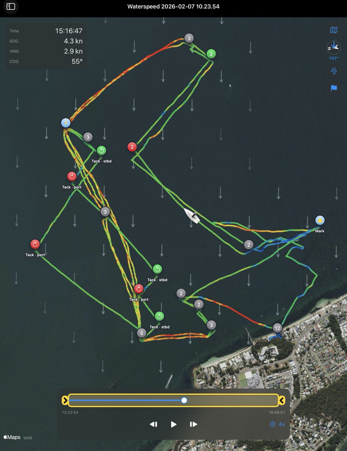 VMGenie showing a full session: the track coloured by speed with tacks, gybes and marks labelled, and SOG, VMG and COG read out in the corner.